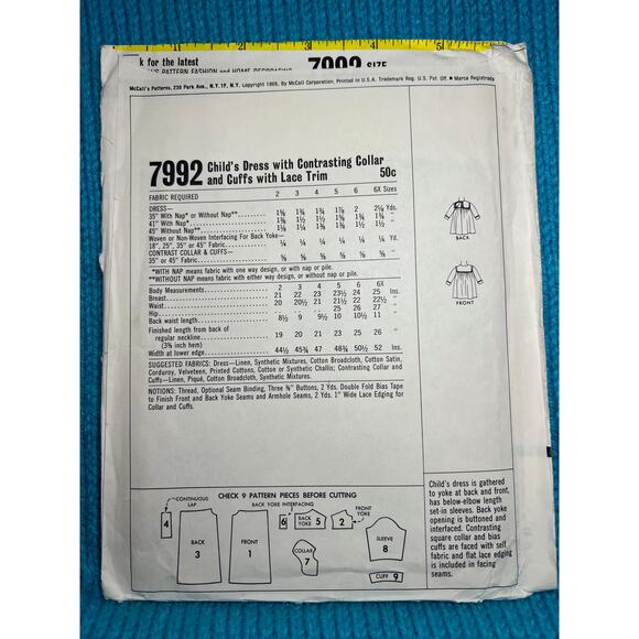 McCalls 7992 Sewing pattern girls dress A line lace collar cuffs 1960s Size 6 - Picture 3 of 7